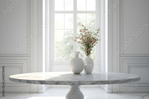 marble table with window background  luxury banner mockup for display of product  generative ai