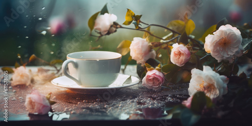 Cup of Tea or Coffee and Pink Roses in Summer Garden after the rain. Generative ai illustration