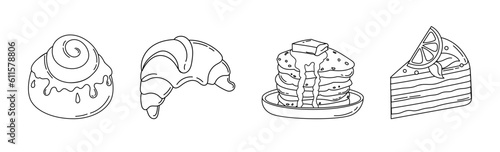 Cakes Ice cream Desserts Set of drawings Vector black and white illustration Isolated on a white background