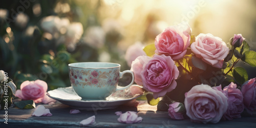 Cup of Tea or Coffee and Roses in Summer Garden. Generative ai illustration