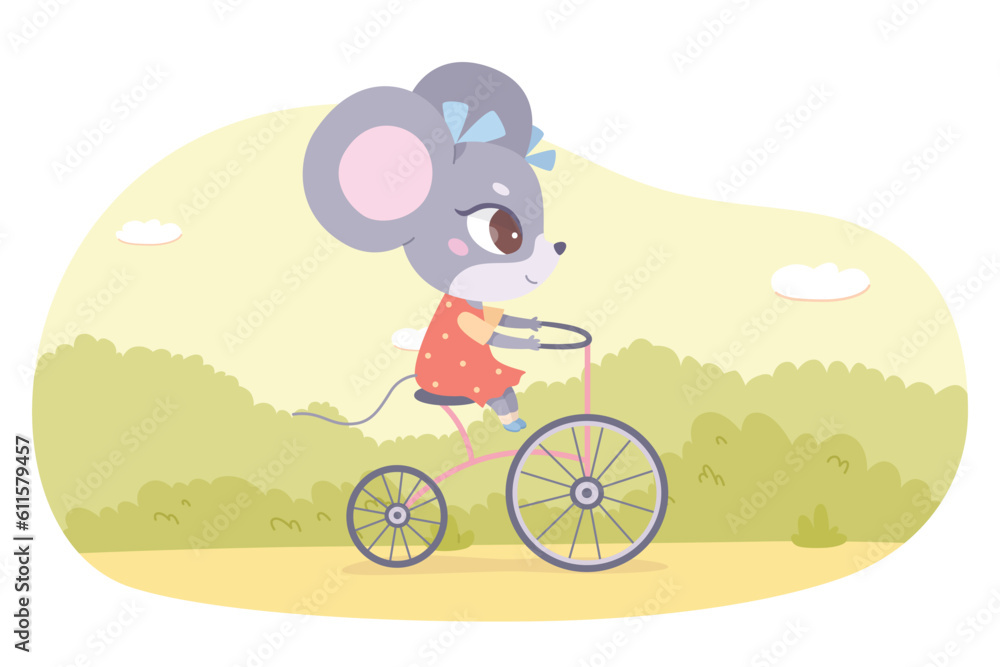 Cute mouse riding bike in park vector illustration. Cartoon baby animal cyclist with bow and dress sitting on antique bicycle to ride and travel on nature, adorable mouse rider cycling and playing