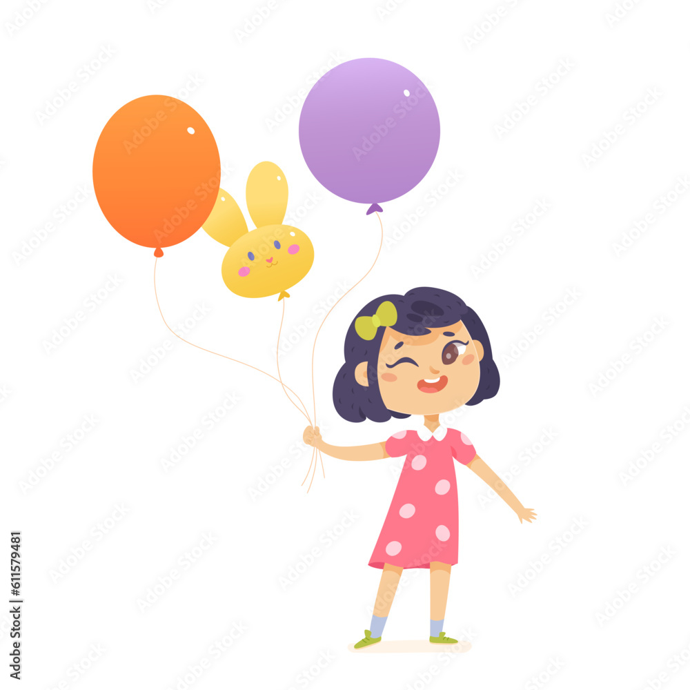 Cute girl with balloons, small happy child holding balloons of round and bunny shapes Cute girl with balloons, small happy child holding balloons of round and bunny shapes