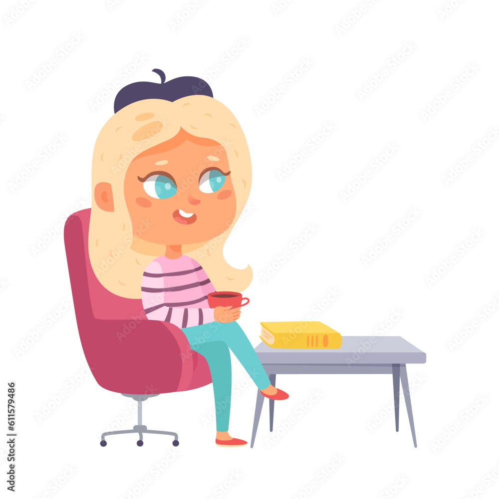 Interview with cute girl on talk show, artist in beret sitting in armchair at table Interview with cute girl on talk show, artist in beret sitting in armchair at table