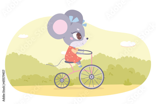 Cute mouse riding bike in park vector illustration. Cartoon baby animal cyclist with bow and dress sitting on antique bicycle to ride and travel on nature, adorable mouse rider cycling and playing