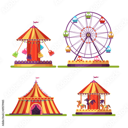 Amusement park set, cute ferris wheel and fair circus tent, merry go round carousel