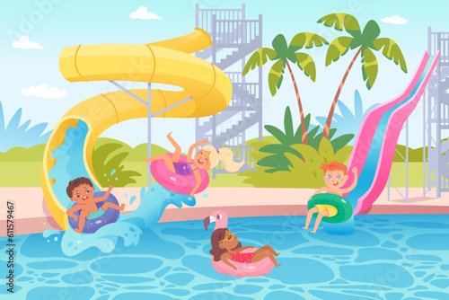 Children swim, play in water pool of aqua park, kids ride inflatable rings on waterslide