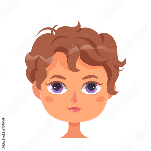 Girl face portrait, profile avatar with cute female head, brunette with violet eyes
