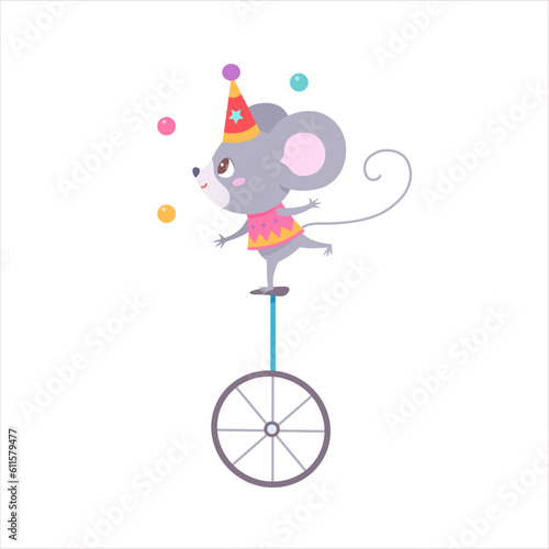 Circus mouse juggling balls on unicycle, funny baby animal performing carnival show