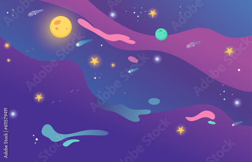 Neon outer space with planets, starry galaxy game background with nebula curve shape