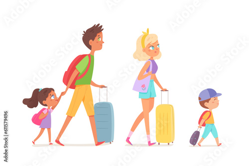 Family people travel set, happy young tourists rolling suitcases, girl with backpack