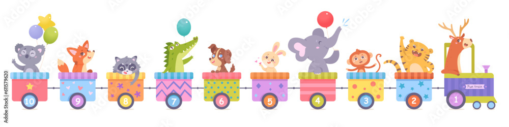 Obraz premium Cute train with animals vector illustration. Cartoon isolated funny happy animals ride toy railway locomotive and rainbow carriages with patterns, number signs, little characters learning counting