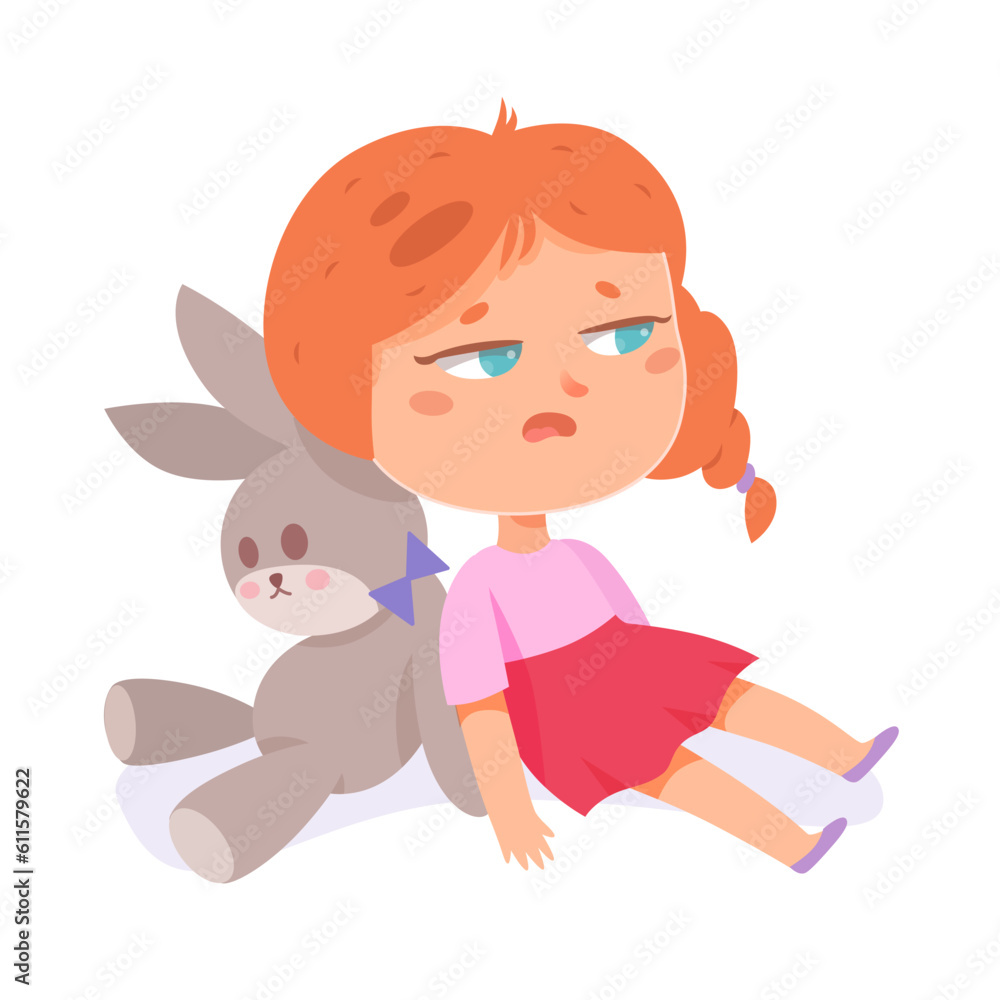 Tired sleepy child sitting with toy rabbit on home floor, exhausted funny girl resting Tired sleepy child sitting with toy rabbit on home floor, exhausted funny girl resting