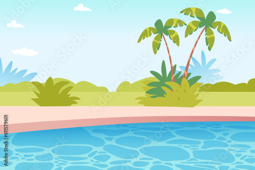Tropical landscape with empty swimming pool, luxury scenery of summer resort or garden