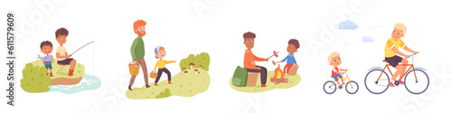 Father and son spend time together set, dad and boy play fishing, riding bikes, cooking