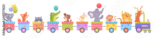 Cute train with animals vector illustration. Cartoon isolated funny happy animals ride toy railway locomotive and rainbow carriages with patterns, number signs, little characters learning counting