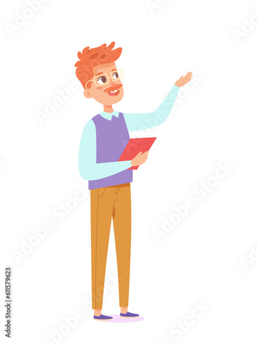 Teacher talking, young redheaded man with glasses standing and pointing to explain lesson