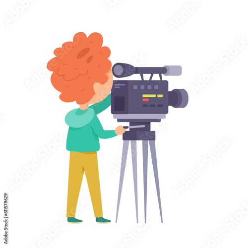 Cameraman recording video with professional camera on tripod, videographer of film makers