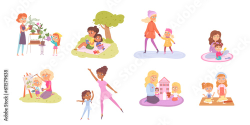 Mother and daughter spend fun family time together set, happy child and mom play