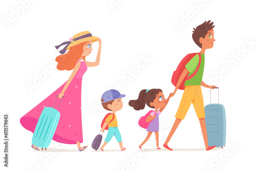 Family people travel with suitcases set vector illustration. Cartoon isolated happy young tourists, father, mother and boy rolling suitcases, girl with backpack walking behind dad to summer trip