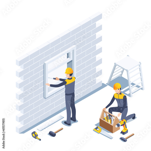 isometric vector illustration on a white background, men in work clothes with tools install a window at a construction site, working specialty