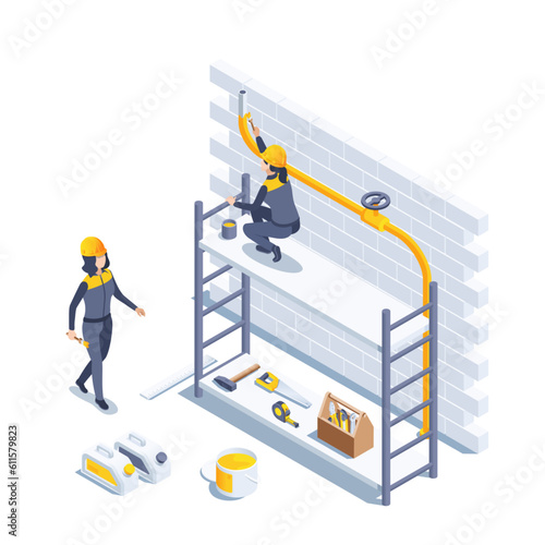 isometric vector illustration on a white background, women in work clothes are engaged in painting work at a construction site