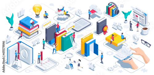 isometric vector illustration on white background, reading concept, people read books and work with literature, learning and leisure