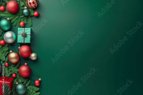 Green Christmas background with Christmas balls, gifts and fir tree branches. X-Mas concept banner with negative space.