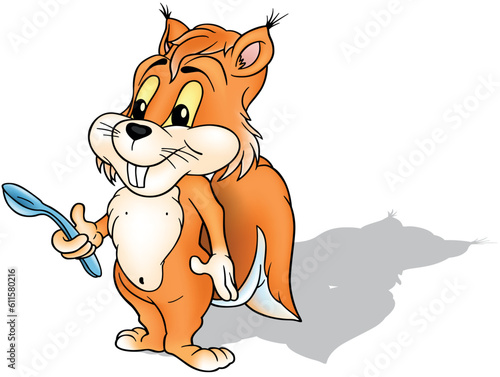 Orange Cute Squirrel Standing on the Ground with a Spoon in its Paw