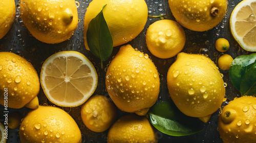 Fresh ripe lemons with water drops background. Fruits backdrop. Generative AI