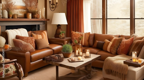 A cozy and inviting living room with a warm, earthy color palette