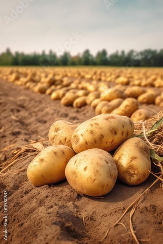 Fresh potatoes on the ground. Generative AI