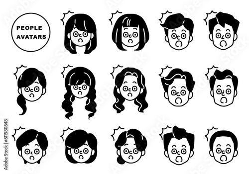 驚く人々の顔アイコン、シンプルな白黒のイラスト素材