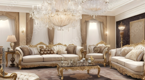 A luxurious living room with plush furniture and intricate details