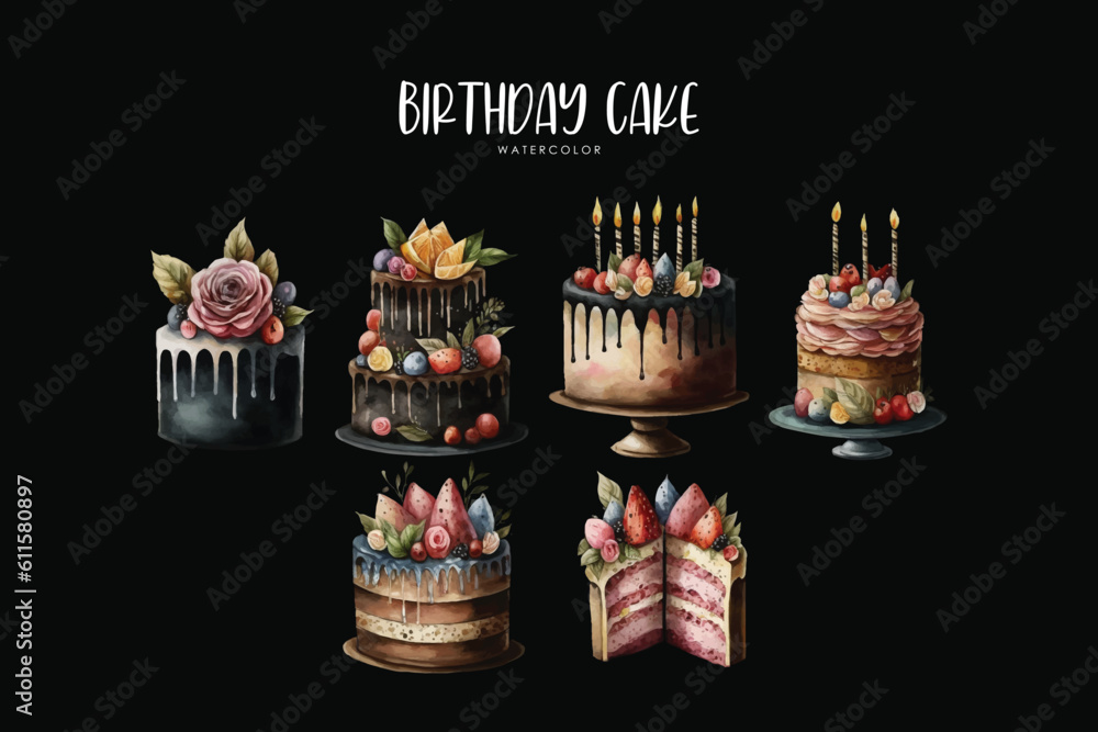 watercolor birthday cake set in black background Stock Vector | Adobe Stock