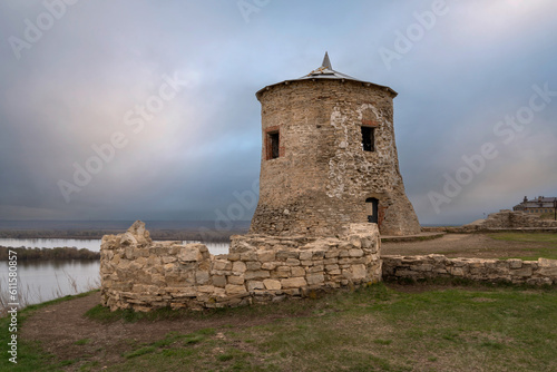 View of the remains of a fortified settlement on the bank of the Kama River - a white stone tower on the Yelabuga  Devil s  settlement on a summer day  Yelabuga  Republic of Tatarstan  Russia