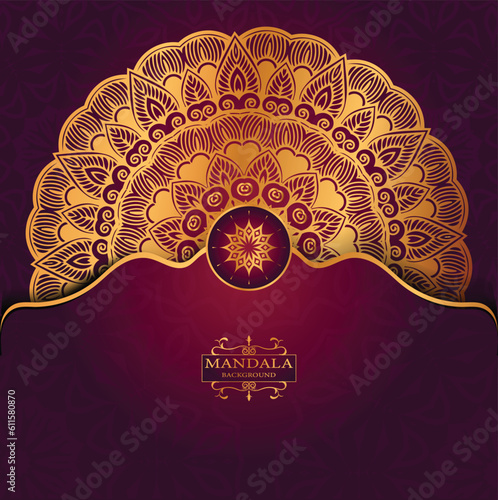 Golden Luxury Religious Mandala Greeting Square Card Design With Red  Abatract Background 