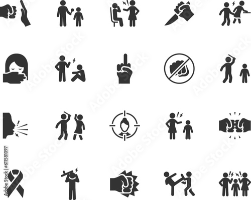 Vector set of violence flat icons. Contains icons harassment, abuse, profanity, bullying, assault, domestic violence, fight, insult, victim, molestation and more. Pixel perfect.