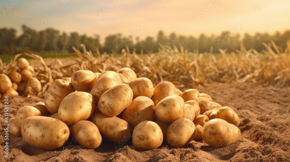 Fresh potatoes on the ground. Generative AI Fresh potatoes on the ground. Generative AI