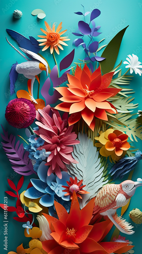 Colorful paper flowers and fish on a blue background. Generative AI.