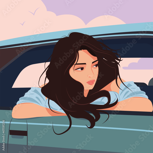 Vector illustration in flat cartoon style. A pretty young woman drives in a car at speed and looks out the window. Her long hair flutters in the wind. Summer romantic season, time for travel.