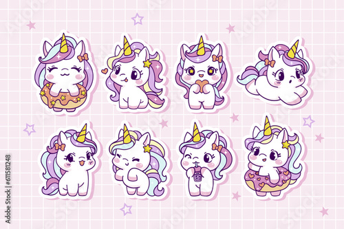 Tela Cute cartoon unicorn stickers collection in hand drawn style