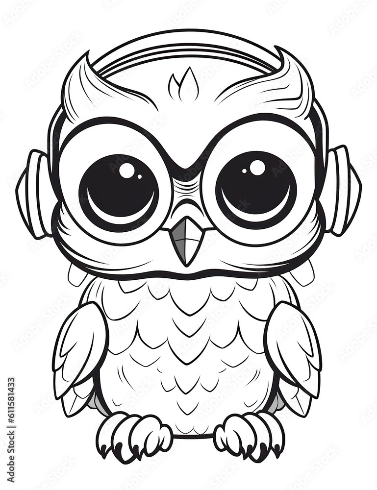 Fototapeta premium A cartoon owl with big eyes and headphones. Generative AI. Coloring book for kids.