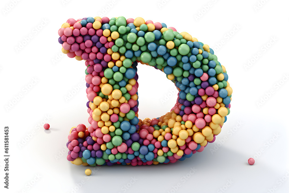 illustration of letter D made from rubber balls mimic the skin color of a chameleon on white background, Generative AI illustration of letter D made from rubber balls mimic the skin color of a chameleon on white background, Generative AI
