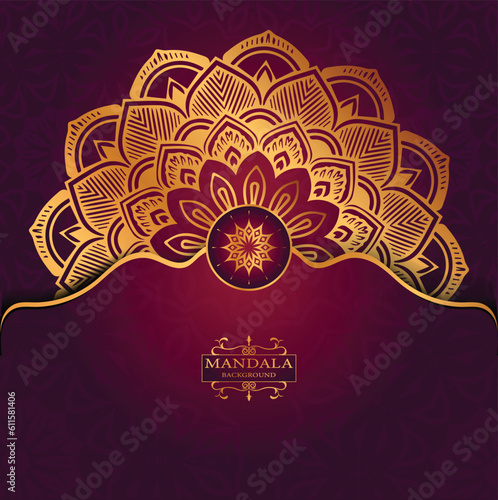 Golden Luxury Religious Mandala Greeting Square Card Design With Red  Abatract Background 