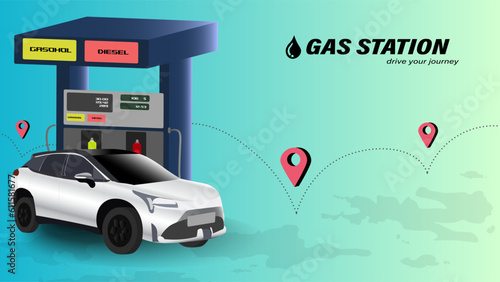 gas station advertising, advertisement or poster or banner, white car refueling petrol gas and location on map. 3d perspective vector illustration