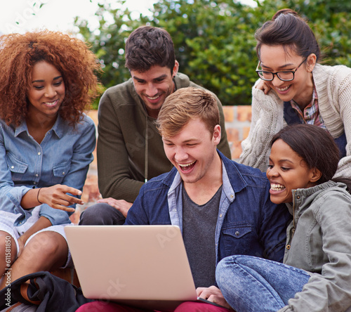 Laptop, university students or excited people with wow for news, results or college results for online application. Happy diversity, youth or friends on school campus with computer for education