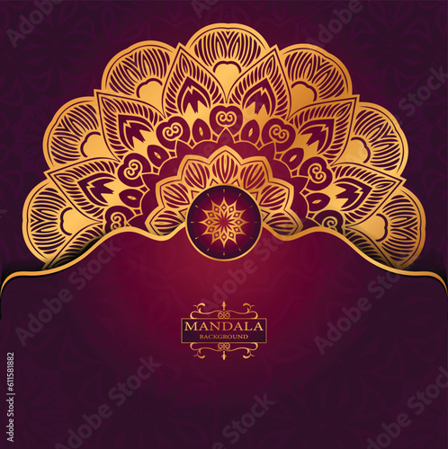 Golden Luxury Religious Mandala Greeting Square Card Design With Red  Abatract Background 