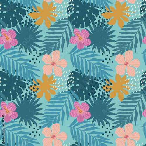 Vector abstract cute hand drawn illustration with palm leaves and hibiscus flowers. The pattern is great for fabric, wallpaper, wrapping paper, postcard, layout.