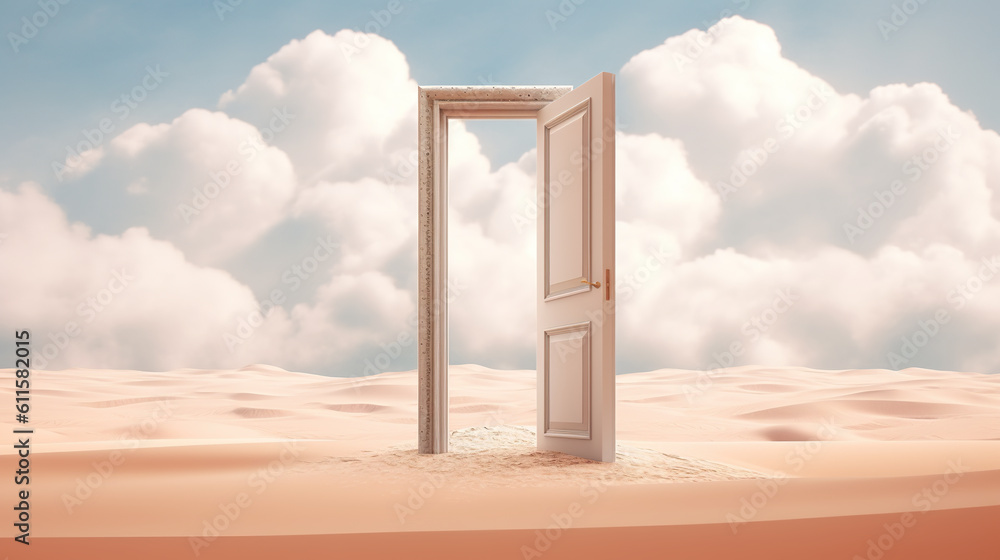 An open door in the middle of a desert. Generative AI. An open door in the middle of a desert. Generative AI.