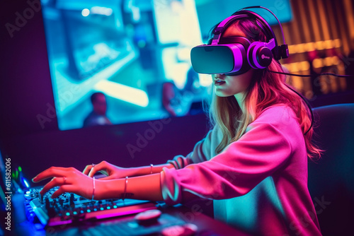 Young woman with VR glasses typing created with Generative AI technology